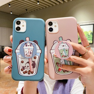 เคส for iPhone 11 Pro X XR XS Max 8 7 6 6S Plus SE 2020 Milk Tea Cup Cute Bear Soft Case Cover+Air Holder