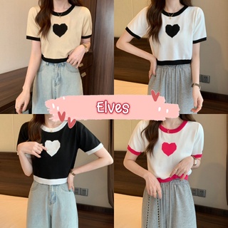 Elves✨พร้อมส่ง✨   เสื้อ ไหมพรมครอปสั้น  แขนสั้น ดีเทลหัวใจตรงกลางเกาหลีมาก ~99023~