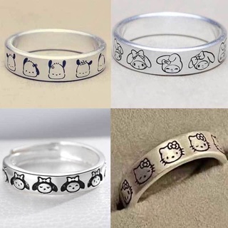 แหวนคู่รัก ลายการ์ตูนแมว Kuromi KT Melody Cinnamon สามารถปรับได้ สีขาว เครื่องประดับ สําหรับแฟนสาว ทุกเพศ