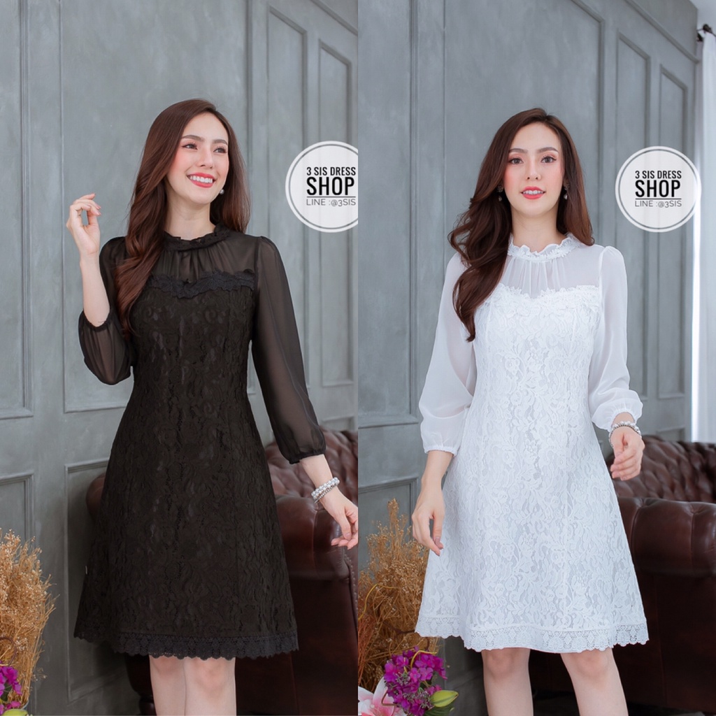 เดรสลูกไม้ทองงานปักหรู แขนครึ่งข้อ ทรงยาว (Size M) main image 1