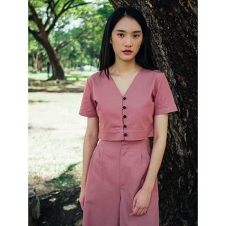 Pink Cotton Linen Button Front Crop Top เสื้อครอปคอตตอนลินินกระดุมหน้า สีชมพู