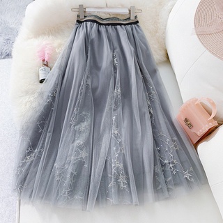 High end embroidered Sequin mesh pompous skirt gauze skirt womens skirt summer swing skirt starry sky