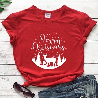 ⚡️ พร้อมส่ง⚡️ Winter Merry Christmas T Shirt Women Xmas Gift Tshirt Women Short Sleeve Reindeer Holiday Top T-shirt