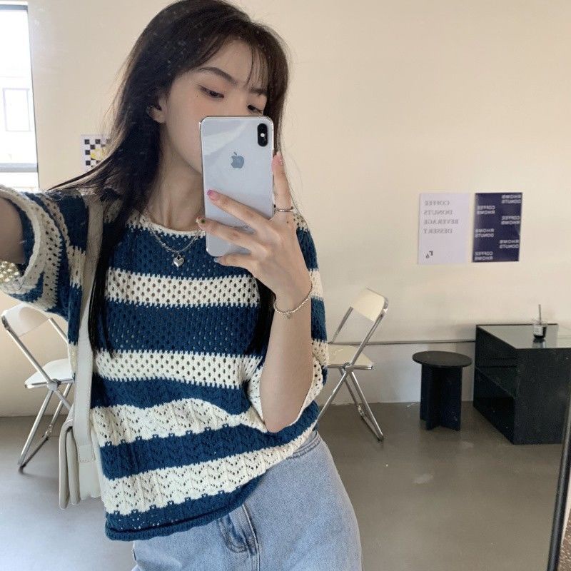 เสื้อไหมพรม-แขนสั้น-8vd-ทรงหลวม-สไตล์เกาหลี