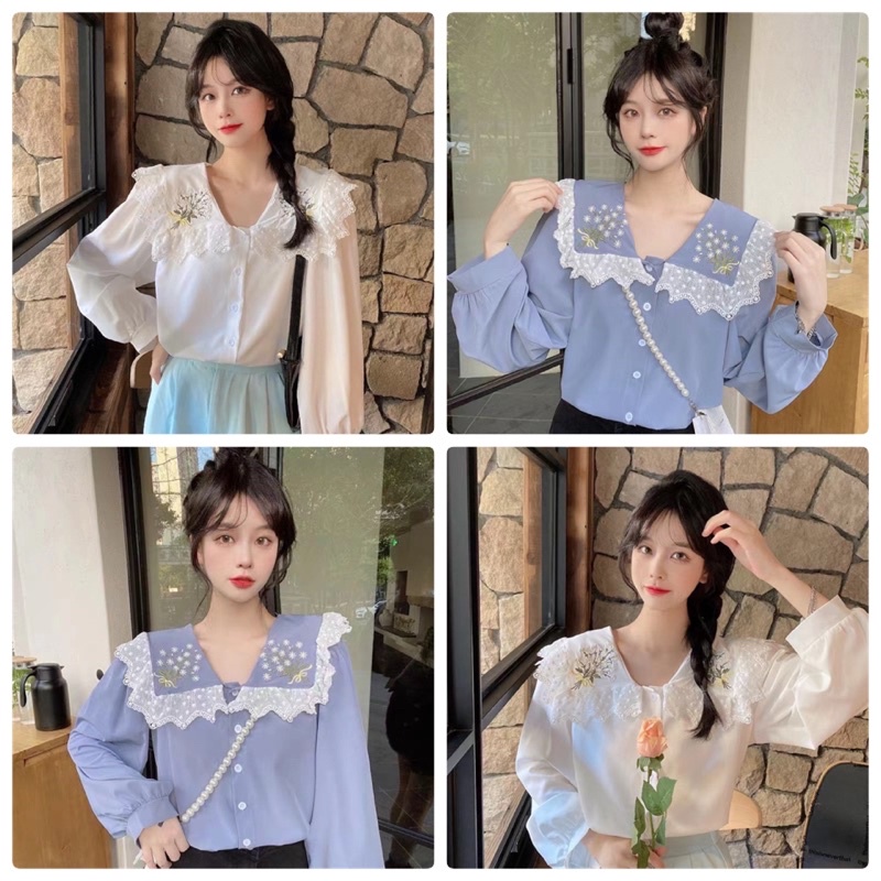 เสื้อสไตล์สาวเกาหลีแขนยาว-คอปกใหญ่แต่งระบายๆ-เพิ่มดีเทลปักดอกไม้ช่วงคอปก-งานน่ารักมากกกก