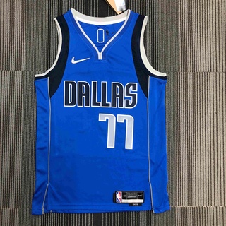 เสื้อกีฬาแขนสั้น ลายทีมชาติฟุตบอล NBA ครบรอบ 75 ปี 21-22 Dallas Mavericks สีฟ้า 77 Doncic # 77 เสื้อกีฬา