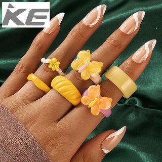 Hand Jewelry Resin Ring Rice Bead Flower Wide Face Acrylic Butterfly Ring 6-Piece Set for girl