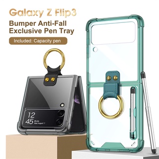 เคสโทรศัพท์มือถือ แบบใส พร้อมแหวนขาตั้ง และช่องใส่ปากกา พลาสติก กันกระแทก สําหรับ Samsung Galaxy Z Flip 3 5G Z Flip3 Zflip3 Z Flip3