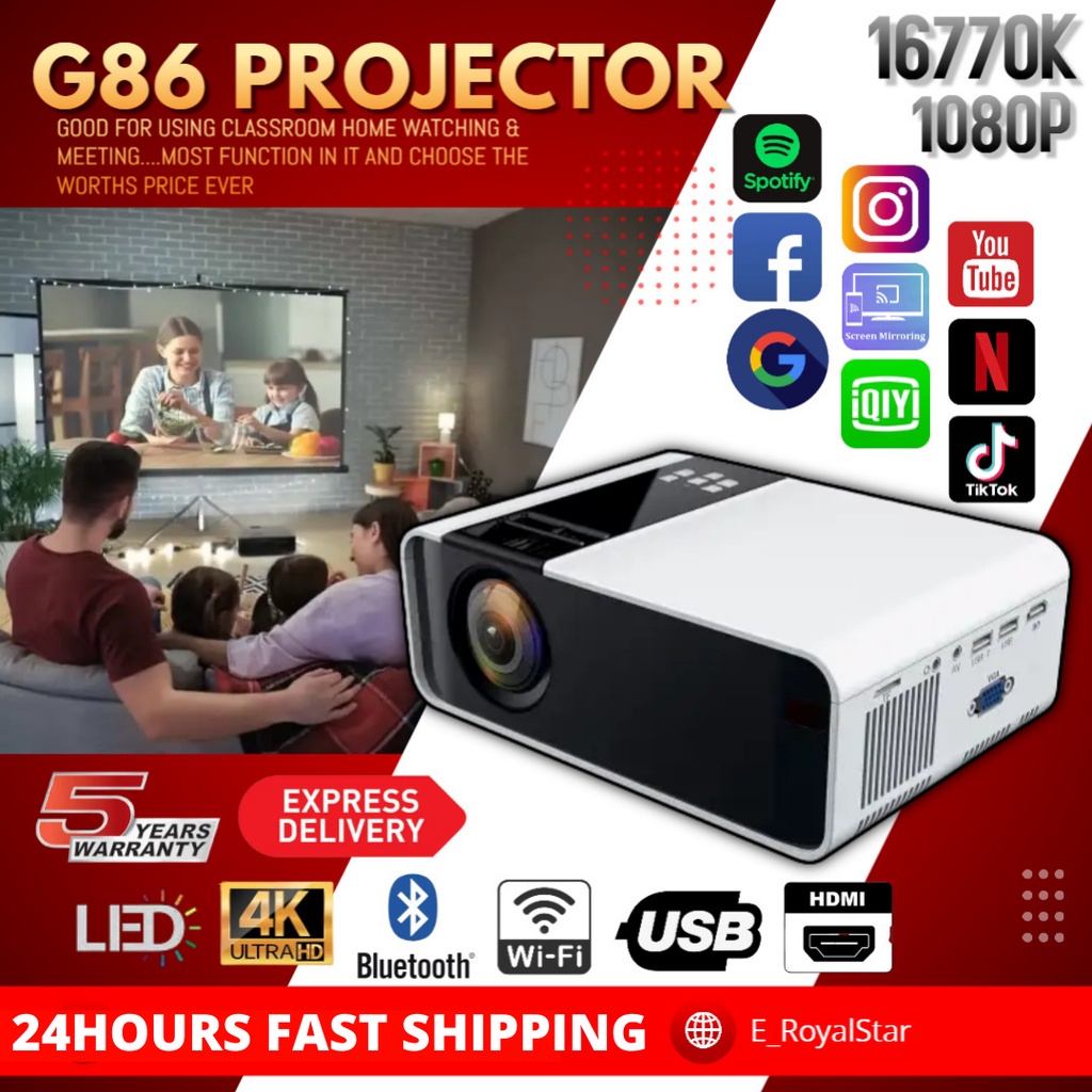 ราคาและรีวิวมินิ โปรเจคเตอร์ G86 HD 1080P Mini Projector LED Video Home Cinema 3D รองรับ HDMI/AV/VGA/USB/TFรับประกัน 5 ปี