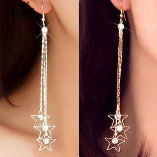 ผู้หญิง Pentacle Drop 3 ชั้นโซ่ยาว Tassels Dangle ต่างหู Linear