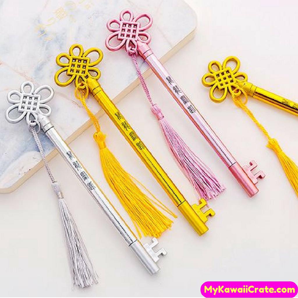 3x Chinese Style Fringed Key Pendant Gel Pens ~ Novelty Cute Pen School Supplies