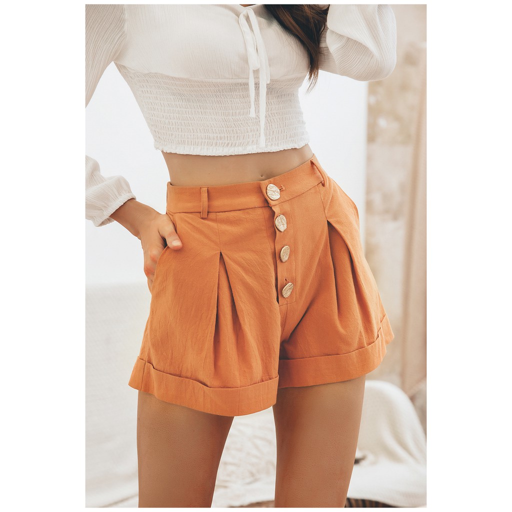 sale-พร้อมส่ง-simplee-casual-buttons-summer-cotton-shorts-orange
