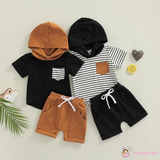 Babygarden- ชุดเสื้อฮู้ดแขนสั้น ลายทาง พร้อมกระเป๋า และกางเกงขาสั้น ผ้ายืด แฟชั่นฤดูร้อน สําหรับเด็กผู้ชาย อายุ 1-5 ปี