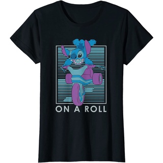 เสื้อยืดสีดำอินเทรนด์เสื้อยืดแขนสั้นลําลอง คอกลม พิมพ์ลาย Disney Lilo &amp; Stitch on a Roll แฟชั่นสําหรับผู้ชายS M L   XL