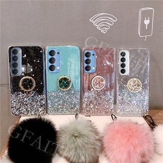 เคส OPPO Reno 4 4G Thailand Version OPPO Reno4 Phone Case Luxury Rhinestone Ring Holder Hariball With Hand Strap Transparent Star Space Soft Phone Cover With Jack Hole Bling Glitter Casing