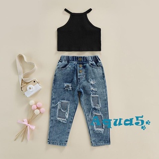 AQQ-2Pcs Girls Summer Outfits, Kids Off-Shoulder Sleeveless Tank Tops + Ripped Jeans with Pockets, 18 Months to 6 Years