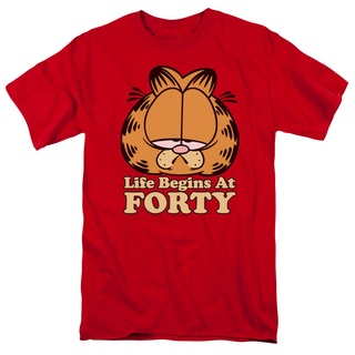 เสื้อยืดผ้าฝ้ายพิมพ์ลายขายดี ผ้าฝ้ายคอกลมขายส่ง เสื้อยืด พิมพ์ลายการ์ตูน Garfield Life Begins Atty Cat Jim David Comics