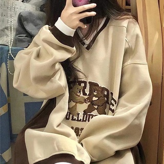 เสื้อกันหนาวลําลอง ผ้าฝ้าย 100% คอวี พิมพ์ลาย ทรงหลวม สไตล์อเมริกันวินเทจ