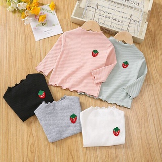 เสื้อยืด คอเต่า ผ้าฝ้าย ลายสตรอเบอร์รี่น่ารัก แฟชั่นฤดูใบไม้ผลิ สําหรับเด็กผู้หญิง อายุ 1-5 ปี