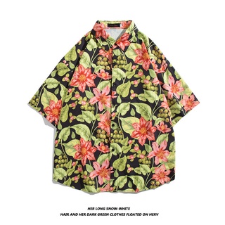 [M-2XL] ขายดี ใหม่ เสื้อเชิ้ตแขนสั้น พิมพ์ลายดอกไม้ ทรงหลวม สไตล์ฮาวาย ชายหาด สําหรับผู้ชาย ไซซ์ใหญ่