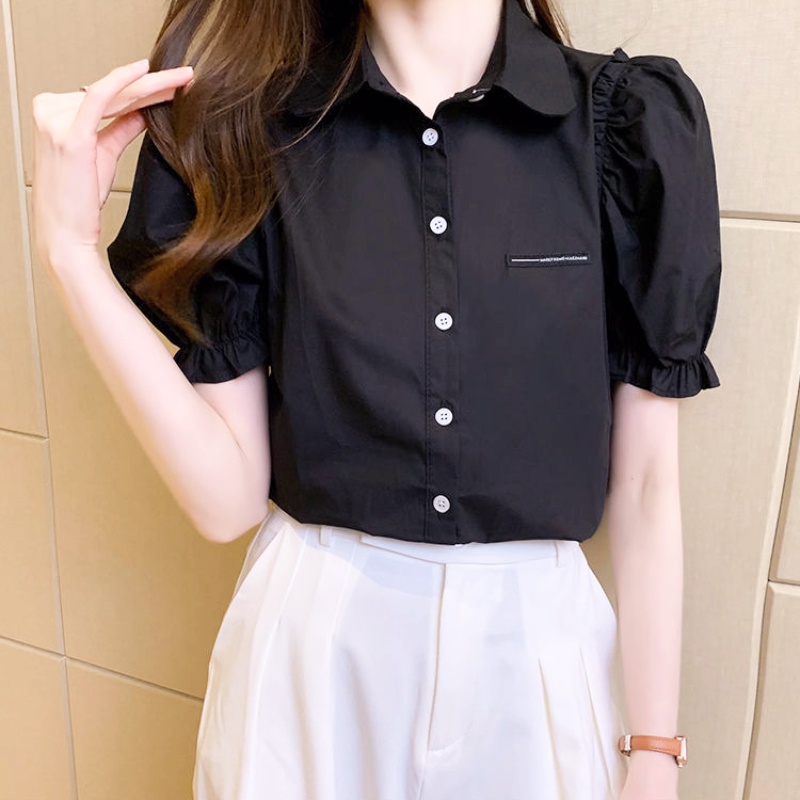 เสื้อเชิ้ตแขนพัฟสีขาว-เสื้อชีฟองสุดชิค-ชุดทำงานประจำวัน-ชุดทำงานแขนสั้นสีขาวสไตล์เกาหลี-เสื้อดำ