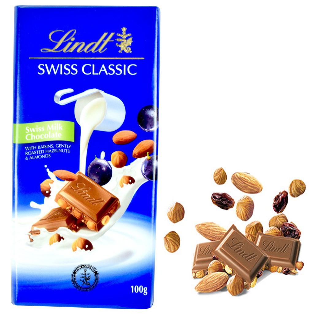 lindt-swiss-classic-raisins-roasted-hazelnuts-amp-almonds-100g-ลินด์-สวิส-คลาสสิค-อัลมอน-นม-ช็อคโกแลต-100กรัม