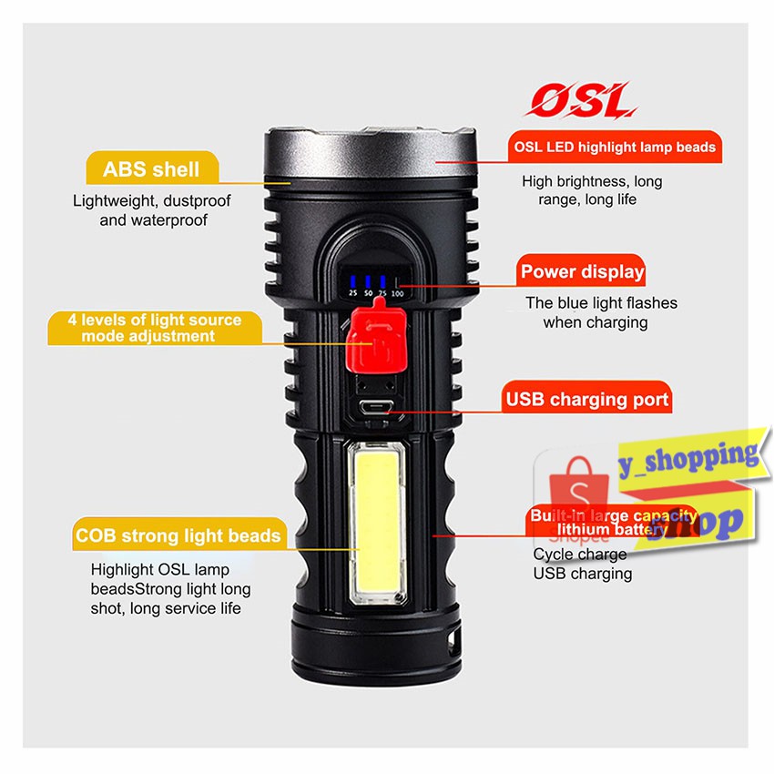 ภาพหน้าปกสินค้า822ไฟฉายแรงสูง 4โหมด USB Rechargeable OSL+ COB จากร้าน y_shopping บน Shopee