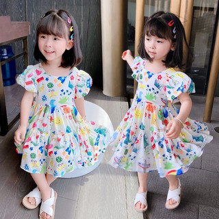 สินค้า NANA💕พร้อมส่ง💕ชุดเดรสเด็กผู้หญิง กระโปรงการพิมพ์เด็กผู้หญิง ด้านหลังผูกโบว์สไตล์เด็กเกาหลีX55227