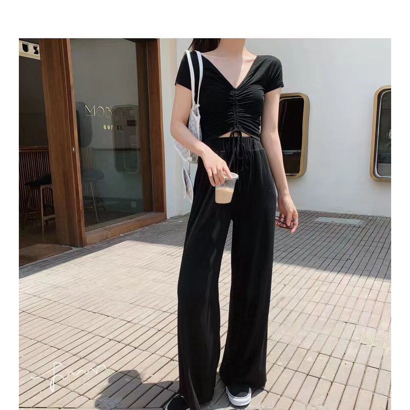 ขายส่ง-เวอร์ชั่นเกาหลีของการออกแบบสายรัดใหม่ชุดลำลองคอวีกางเกงขากว้างขากว้างชุดสองชิ้น