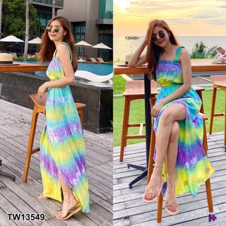 TW13549 Set 2 ชิ้น เสื้อครอปสายเดี่ยว สม็อครอบอก มาคู่กับกระโปรงยาวผ่าข้าง กระโปรงดึงยางสม็อครอบเอว เนื้อสปัน