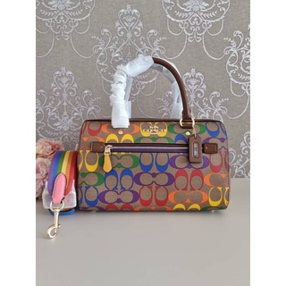 (ผ่อน0%) กระเป๋าสะพายข้าง ทรงหมอน ลายซี สีรุ้ง ขนาด 10 นิ้ว ROWAN SATCHEL IN RAINBOW SIGNATURE CANVAS (COACH CA615)