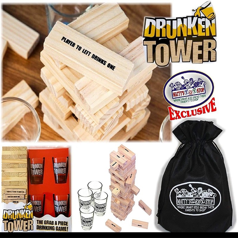 Drunken Tower – Das Witzige Trinkspiel Für Partys | Inkl. 60 Holzblöcke, 4 Becher & Aufbewahrungstasche | Ab 21 Jahren