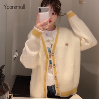 ภาพขนาดย่อสินค้าเสื้อกันหนาว คาร์ดิแกน สีเหลือง คอวี สไตล์เกาหลี เหมาะกับผู้หญิง