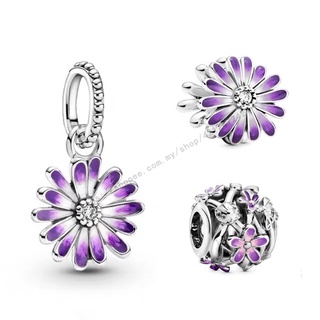 Pandora สร้อยข้อมือเงิน S925 ประดับลูกปัด ลายดอกเดซี่ สีม่วง ของขวัญวันเกิด สําหรับสุภาพสตรี DIY p825