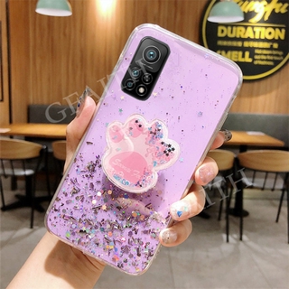 เคสโทรศัพท์ Xiaomi Mi 10T Pro / Mi10T 5G 2020 Phone Case Softcase Transparent Bling Back Cover With Cat Claw Bracket Stand Holder Casing