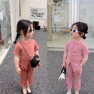 【ชุดเด็กผู้หญิง】ชุดเสื้อแขนสั้น และกางเกงขาบาน แบบบาง สองชิ้น แฟชั่นฤดูร้อน สไตล์เกาหลี สําหรับเด็กผู้หญิง 2023
