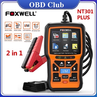 Foxwell เครื่องสแกนเนอร์ทดสอบแบตเตอรี่รถยนต์ NT301 Plus OBD2 12V EOBD OBDII 2 in 1 พร้อมส่ง