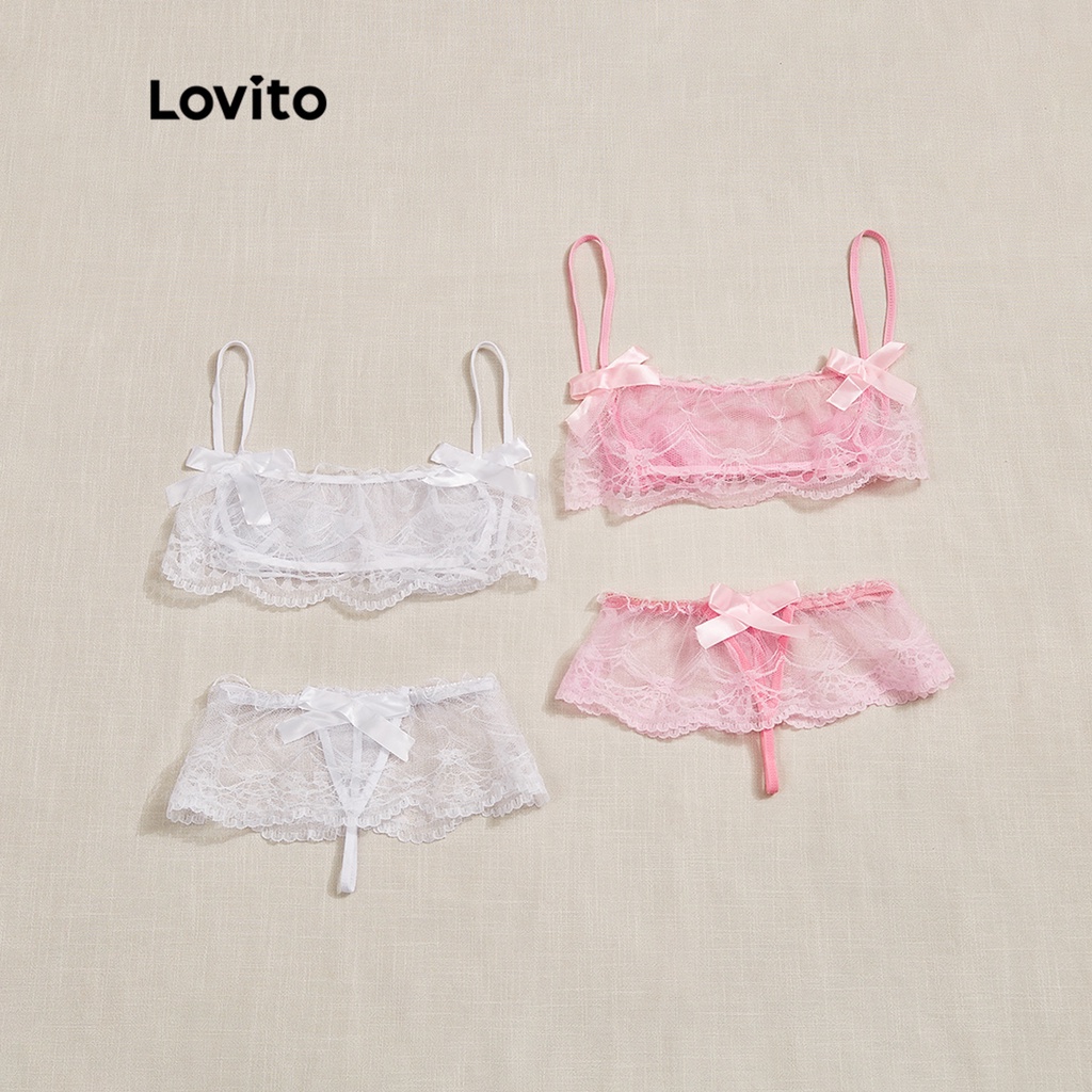 ภาพสินค้าLovito ชุดบราชั้นใน และกางเกงชั้นใน เสื้อซีทรู ผูกเชือก มีโบด้านหน้า ลายลูกไม้ สไตล์น่ารัก L15D085 (สีชมพู/สีขาว) จากร้าน lovito.th บน Shopee ภาพที่ 2