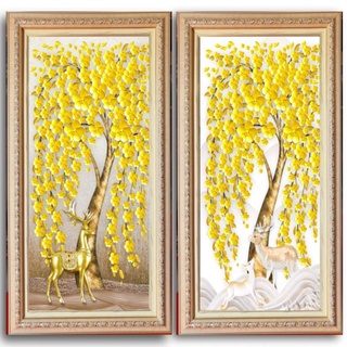 รูปต้นไม้สีทองกวางทอง+ต้นไม้สีทองกวางขาวมงคลเสริมบารมีโชคลาภเชต2กรอบ(ขนาด30×60cm)