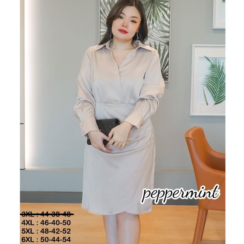 เดรสสาวอวบ-มี-3-สี-ไซส์-3xl-6xl-เดรสเชิ้ตผ้าซาติน-อยู่ทรงไม่บาง-เรียบหรูดูแพง-นางแบบใส่งานจริง