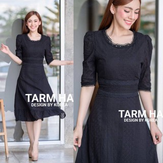 เดรสดำออกงาน!!! 2XL-6XL Maxi Dress เดรสสีดำผ้าฉลุลายแขนพอง งานป้าย Tarm Ha