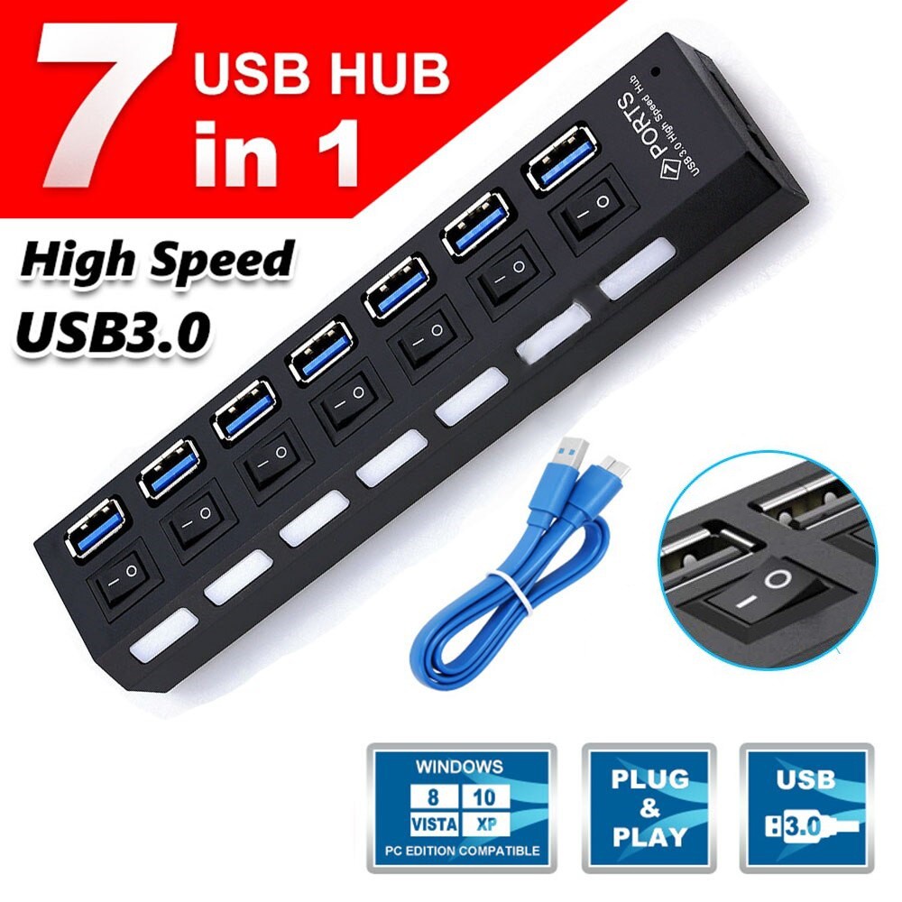 USB 3.0 HUB High Speed 5 Gbps 7 Port with Power On/Off Switch Adapter ...