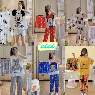 Cici(NO.C2093)ชุดนอนเซต3ชิ้นเสื้อยืด+กางเกงขาสั้น,ขายาว สกรีนลายผ้านิ่มใส่สบาย