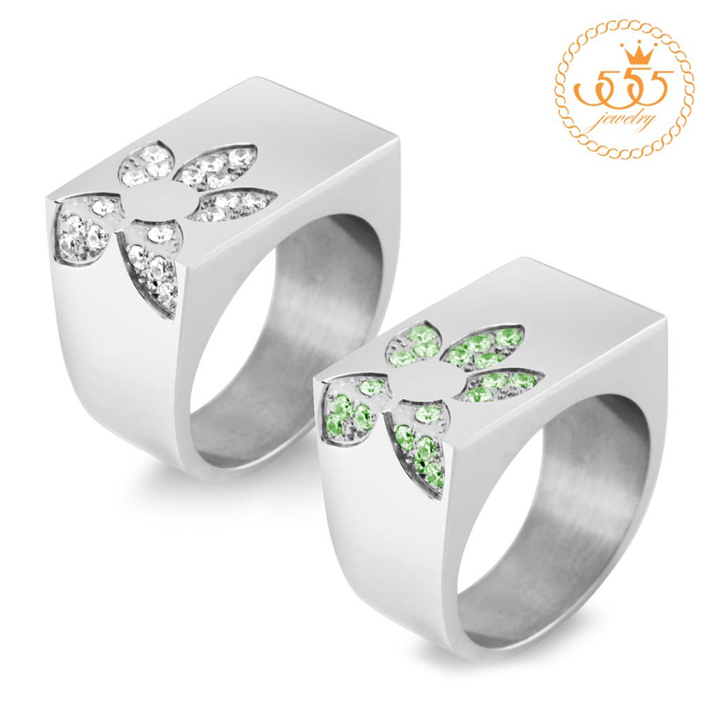 555jewelry-แหวนแฟชั่นสแตนเลส-หน้าแหวนสี่เหลี่ยม-ฉลุลายดอกไม้-ตกแต่งด้วยเพชร-cz-รุ่น-555-r042-แหวนผู้หญิง-hvn-r10