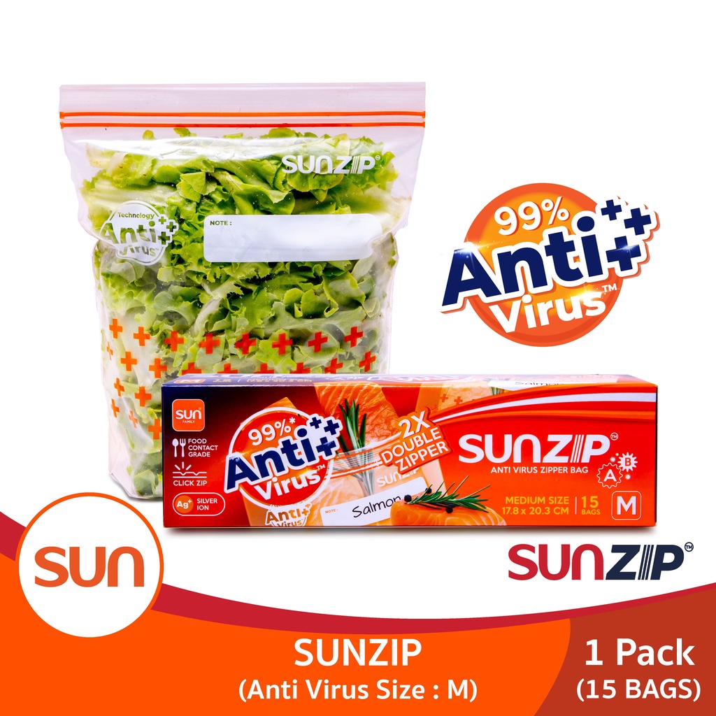 SUNZIP ซิปแอนตี้ไวรัส ไซส์ M ขนาด 17.8 x 20.3 ซม. บรรจุ 15 ใบ/กล่อง ...
