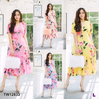 เดรสยาวคอวีลายดอก ชุดสาวอวบดีเทลเข้าทรงสวย ชุดแฟชั่นผู้หญิง ชุดทำงานผู้หญิง ชุดสุภาพ