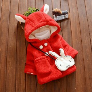 เสื้อคลุมกันหนาว ผ้าขนแกะ ฮู้ดมีหู + กระเป๋ากระต่าย *แดง*    