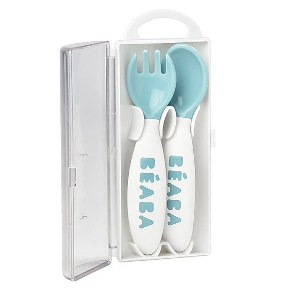 ช้อนส้อมพร้อมกล่อง-beaba-2nd-age-training-fork-and-spoon-storage-case-included-airy-blue