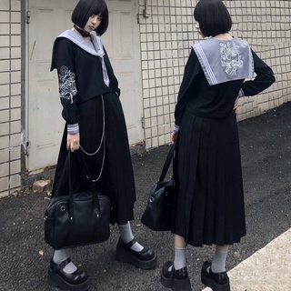 ชุดนักเรียนญี่ปุ่น ✸ต้นฉบับสีดำและชั่วร้ายกุหลาบที่ไม่ดี JK ชุดเครื่องแบบ Orthodox เซเลอร์เสื้อผ้าสีดำกระโปรงยาวกลางบริก