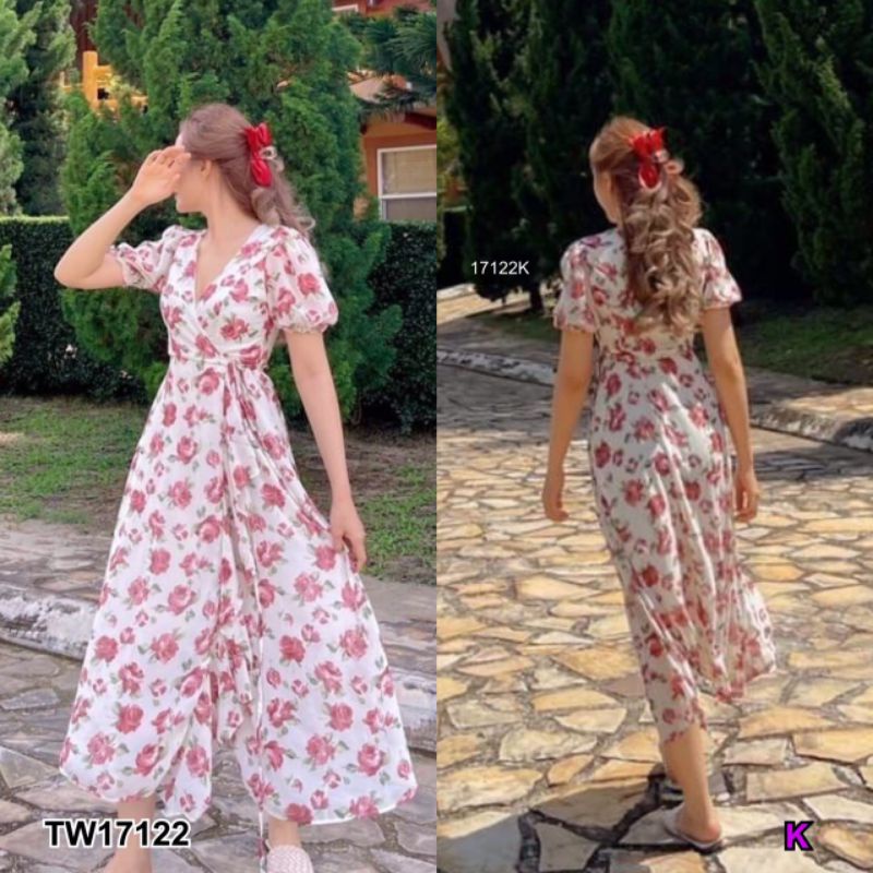 tw17122-สอบถามสต้อกก่อนโอนค่า-ชุดเดรสยาวลายดอกไม้แขนตุ๊กตา-สีชมพู-เหลือง